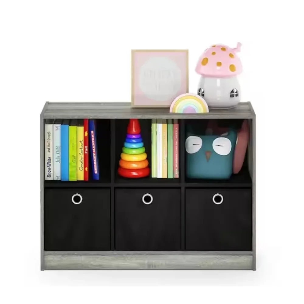 

23.6 in. Wood 3-shelf Cube Bookcase with Closed Storage; This bookcase features 6 storage cubes with 3 storage bins.