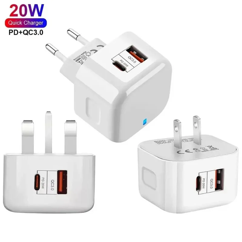 PD 20W Fast Charging Dual USB TypeC QC3.0 Quick Charge US EU UK Plugs Travel Wall Charger Power Adapter for IPhone 14 15 Samsung