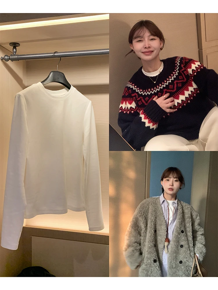 

Женская круглая футболка Elastic Base irt Ne f с воротником-стойкой, белая зимняя футболка небольшого размера, корейская прямая футболка для поездок на работу...