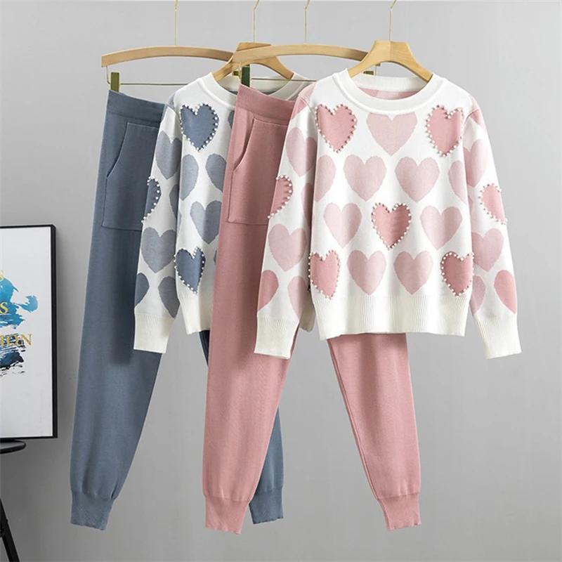 

New Spring /Autumn Women's Love Nail Bead Knitted 2-piece Set Women's Long Sleeve Round Neck Sweater+Women's Pocket Pencil Pants