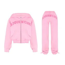 Plush Letter Printed Streetwear Pant Suit Short Hooded Sweatshirt Pants Sports 2 Piece Set Harajuku Outwear Loose Women Clothing