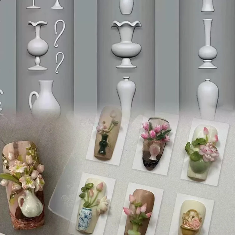 Mini jarrón de silicona para uñas, molde para decoración de uñas, sello para decoración de uñas en relieve de estilo chino, accesorios para decoración de uñas, herramienta de manicura DIY