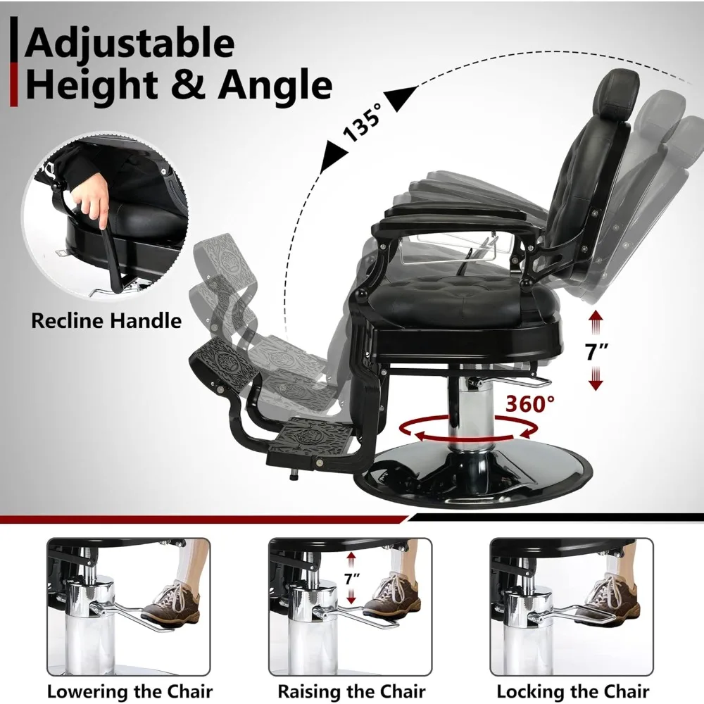 頑丈な金属製プロフェッショナルサロンチェア、最大440ポンドまでサポート、135度の傾斜と油圧リフト付き、ブラック