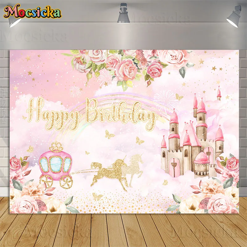 

Princess Birthday Party Backdrop Photography Pink Castle Rainbow Unicorn Carriage Glitter Baby Girl Portrait Photo Background