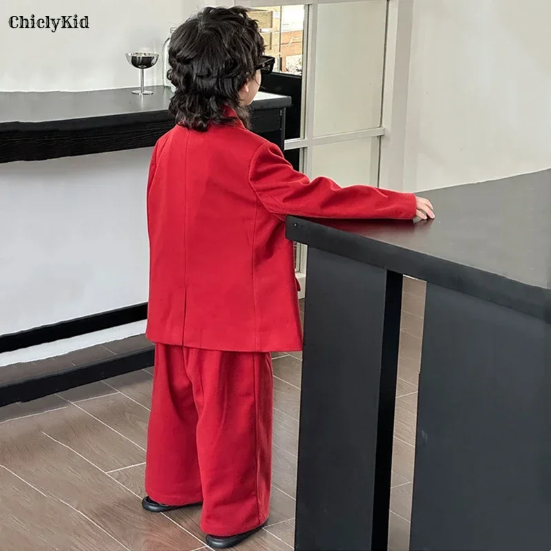 Boys Woollen Loose Blazer Jacket Pants Suits Kids Formal Dress Performance Casual Clothes Sets Child Toddler Party Leisure Suit
