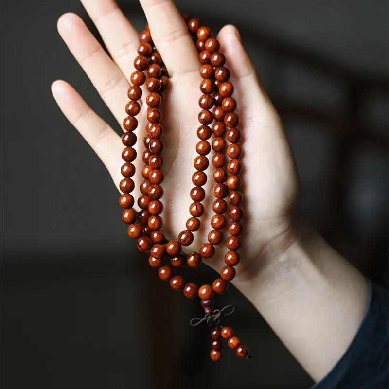 Natural Lobular Red Sandalwood Hand-Held Necklace Buddha Prayer Beads String108Men's and Women's Ethnic Ancient Wind Plate Craft