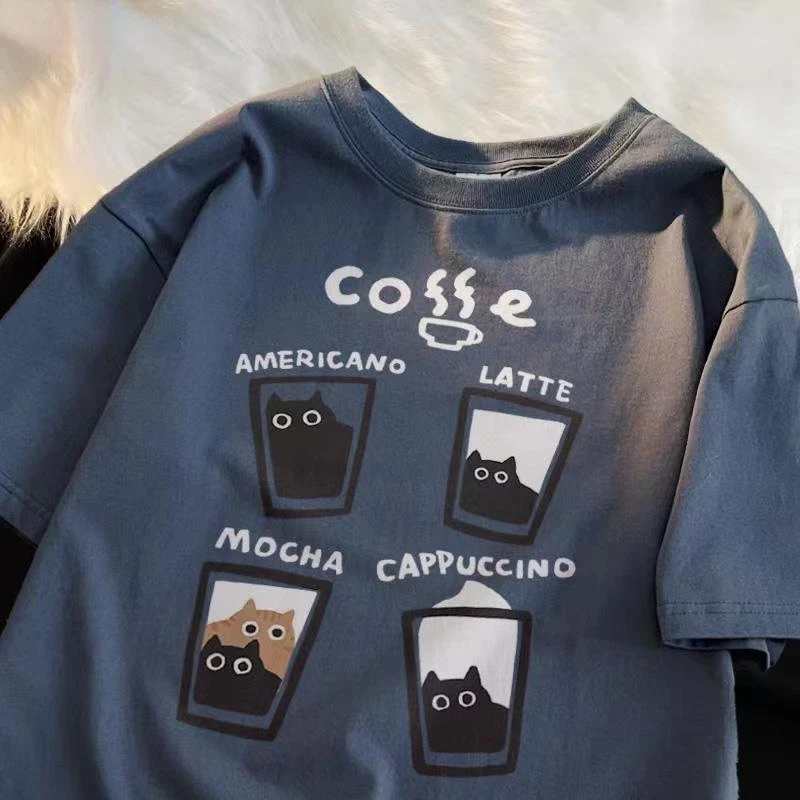 Fashion American Retro Cat Coffe Graphic Printing Men T-shirts Casual Versatile Oversized Short Sleeved Y2k Tops Tees Unisex