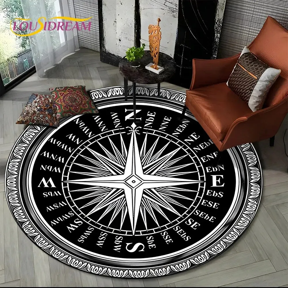 VIKAMA Vintage Nautical Compass Round Area Rug, Non-Slip Floor Carpet for Living Room Study Home Decor, Home Living Room