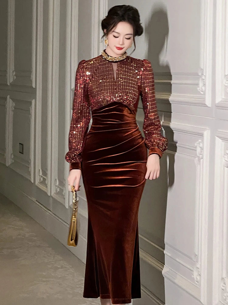 French Elegant Evening Dresses for Women Velvet Hollow Gold Sequins Luxury Diamond Prom Fishtail Robe Femme Party Vestidos Lady