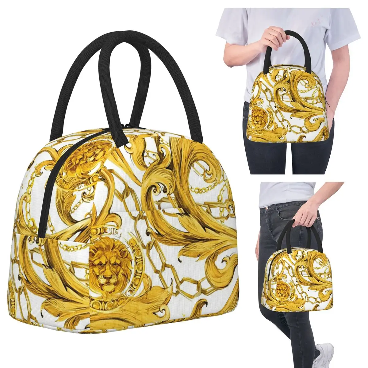 

Golden Lion Baroque Seamless Pattern Insulated Lunch Bag for Kids School Cooler Thermal Food Box Tote Portable Lunch Boxes