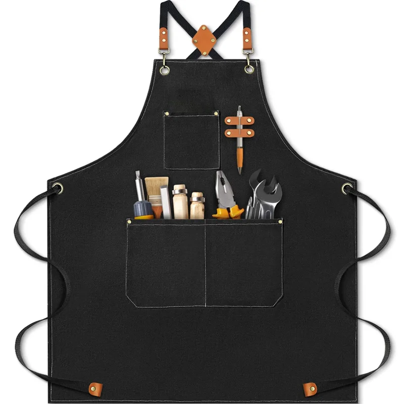 Chef Apron for Men, Heavy Duty Cotton Canvas Apron Cross Back Apron with Adjustable Straps and Pockets Black