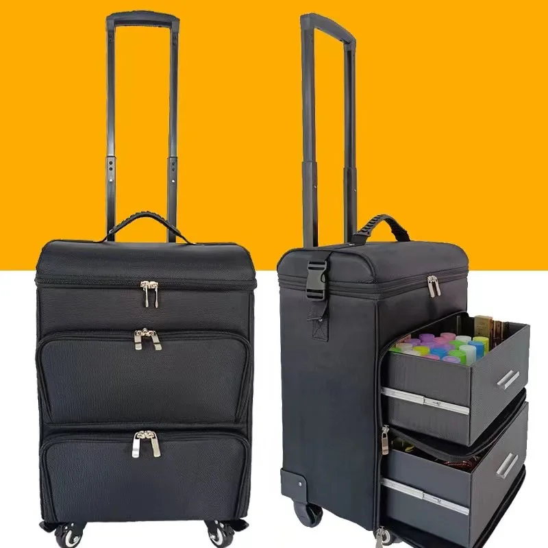 Pull Bar Cosmetic Case Beauty Tattoo Salons Trolley Suitcase Canvas Lightweight Nail Makeup Toolbox Luggage Bag on Wheels