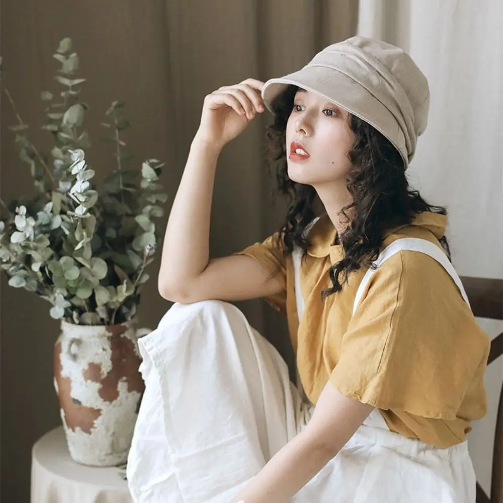 Linen Octagonal Bucket Hat New Cotton Sunscreen Beret Cap UV Protection Wrinkled Texture Sun Caps Women