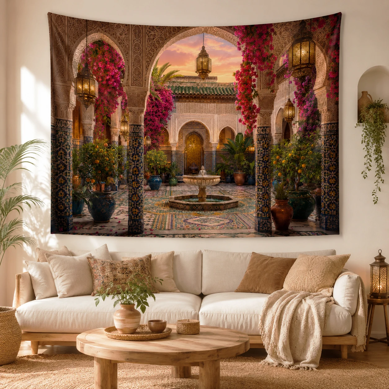 Moroccan Riad Courtyard Tapestry Arch Bougainvillea Fountain Wall Hanging, Boho Decor, Great Housewarming Gift