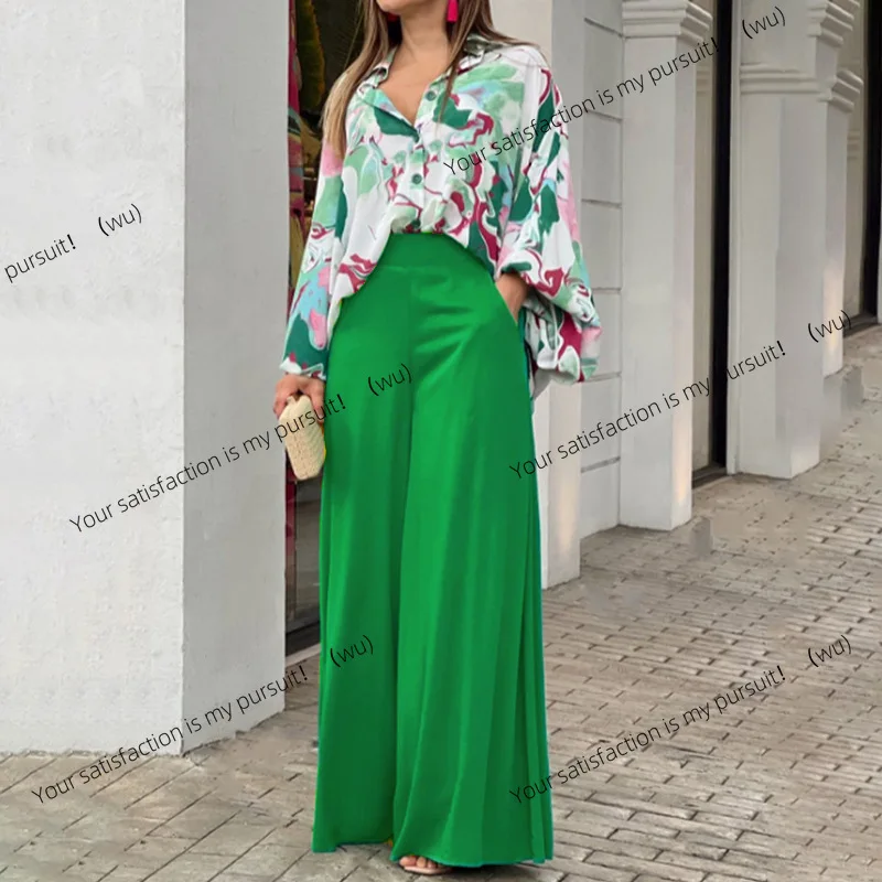

Европейская и американская женская одежда, осенняя рубашка с принтом, темпераментные элегантные широкие брюки, модный повседневный костюм