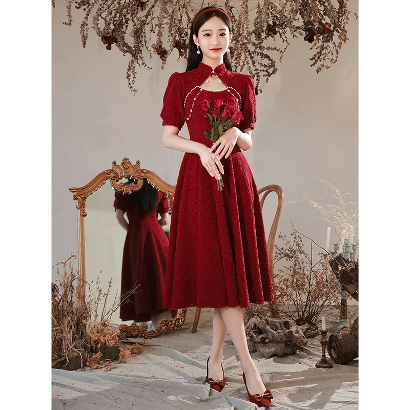 

Burgundy Fashion Beaded Hollow Out Mandarin Collar Back Zipper A-Line Evening Dress Women Formal Gowns Robe De Soiree Cheongsam