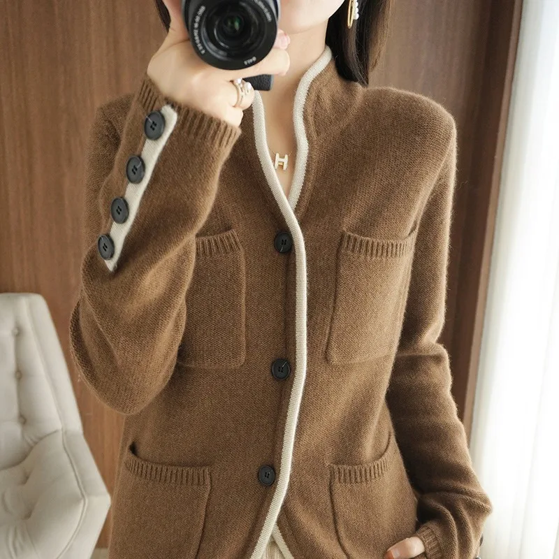 Autumn Vintage Cardigan Women Coat Design Color Matching Sweater Jacket Fashion Slimming Knitted Outer Jacket Korean Cardigans