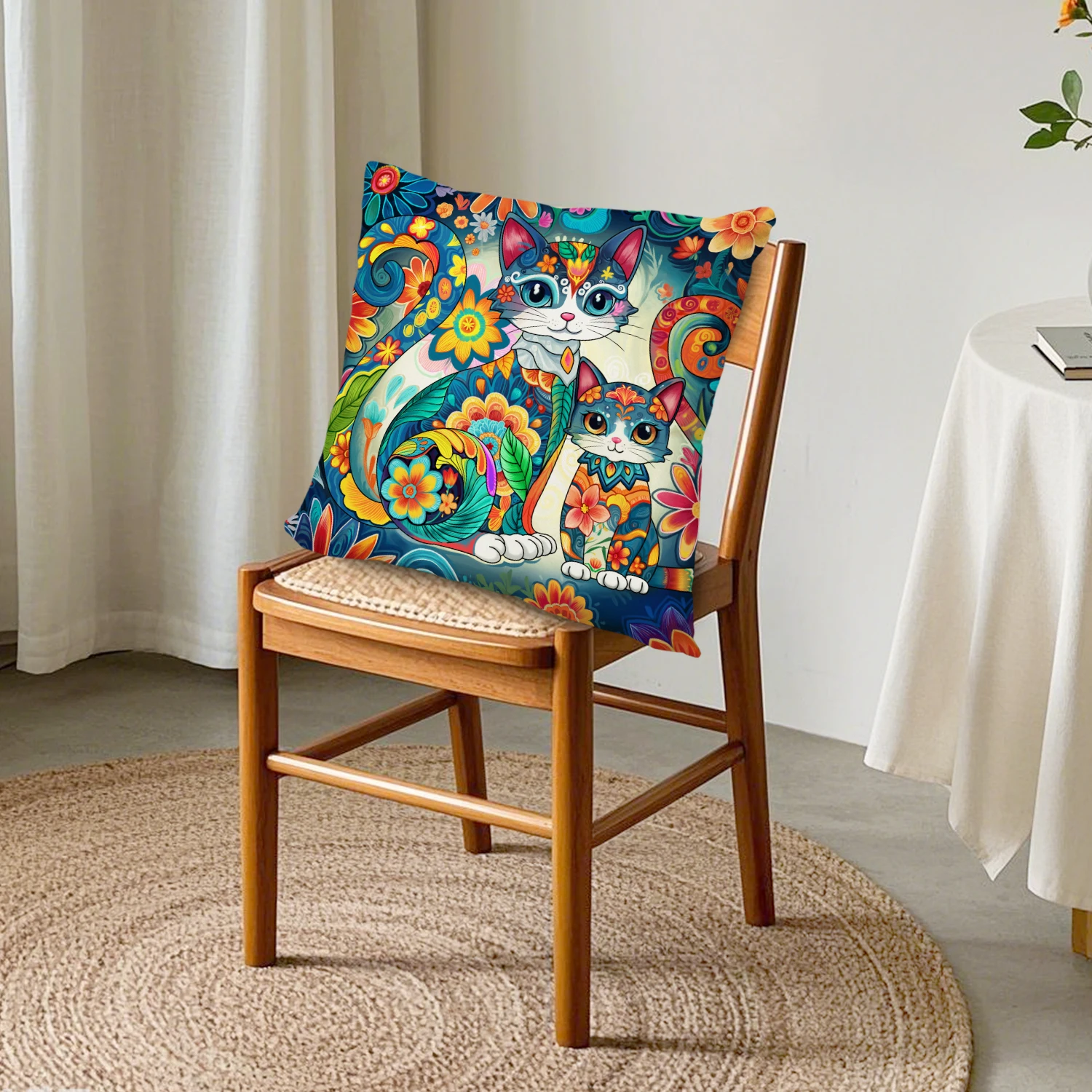 Bohemian Cat Floral Linen Cushion Cover Kitten Animal Throw Pillowcase Pet Lovers Gift Whimsical Nature Decor Sofa Couch Bedroom
