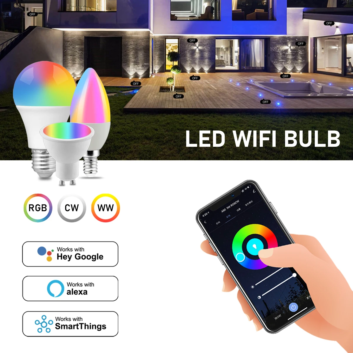 

1-5PCS E27 E14 GU10 A60 C37 110V 220V RGB Tuya Bulb Smart Wifi APP Control Led Lamp With Yandex Alice Google Home Alexa