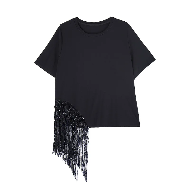 Tannt femmes t-shirt asymétrie gland Patchwork longue t-shirt hauts irrégulier noir décontracté mode ample longue femmes t-shirt 2025 nouveau