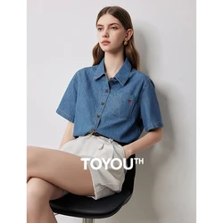 TOYOUTH Shirt Women's 2024 Summer New Retro Casual Denim Short Sleeved Embroidered Top