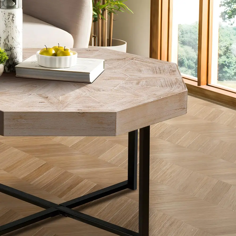 Ośmiokątny drewniany stolik kawowy 76 cm w stylu patchworkowym, rustykalnym, z metalowymi krzyżowymi nogami, antyczny drewniany stolik akcentujący do salonu.