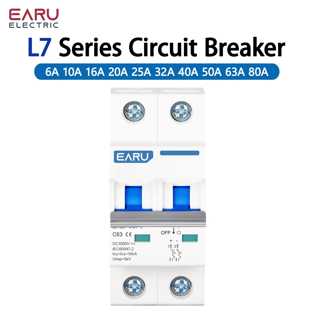 L7 2P MCB Circuit Breaker 6/10/16/20/25/32/40/50/63/80A DC 1000V Short Circuit Overload Protection Battery Switch Solar Power