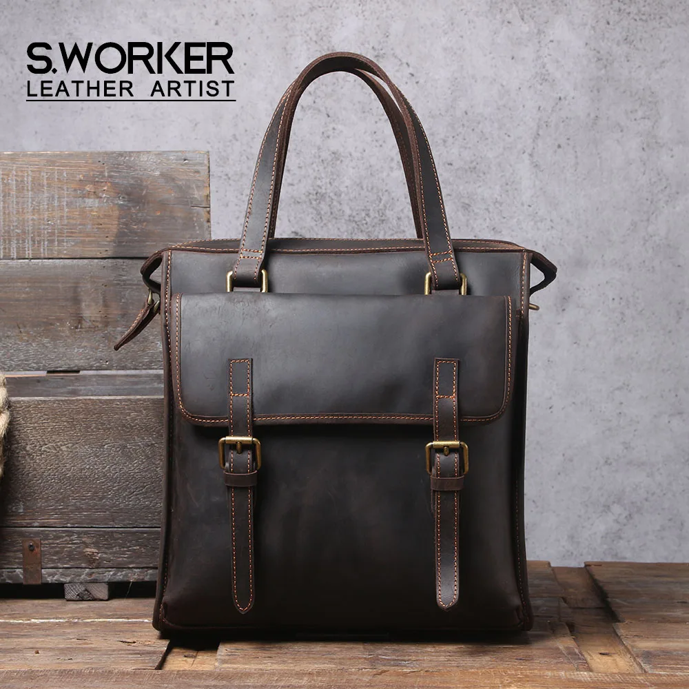S.WORKER Vintage Echtleder Laptop-Rucksack Herren Casual Schultasche Crazy Horse Rindsleder Tasche Aktentasche Umhängetasche – Detail 2