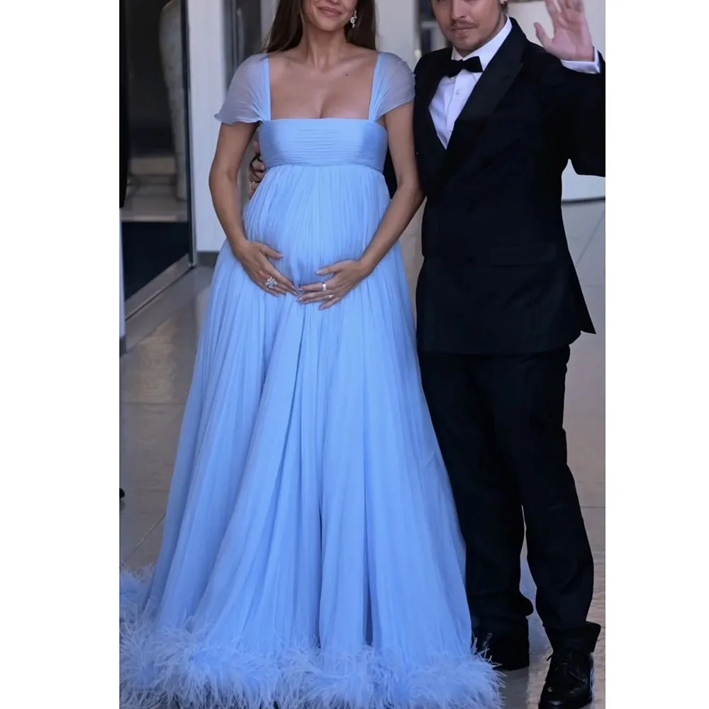 Eightale Maternity Evening Dresses for Wedding Party Pleats Chiffon Feather Customized A-Line Prom Gown for Pregnant Women