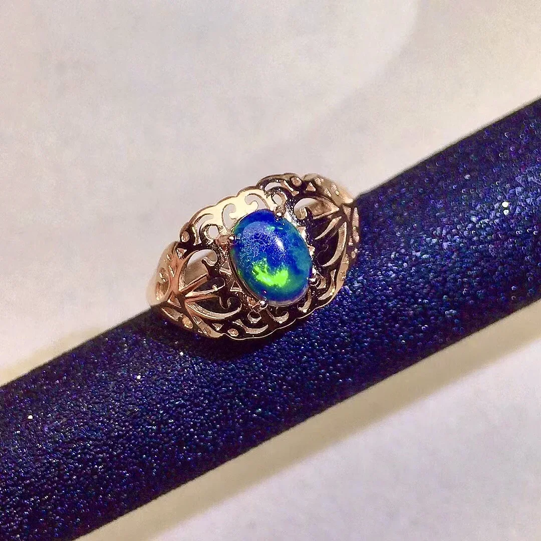 Design Style 925 Silver Black Opal Ring 6mm*8mm 0.5ct Natural Opal Silver Ring for Party 18K Gold Plating Gemstone Jewelry