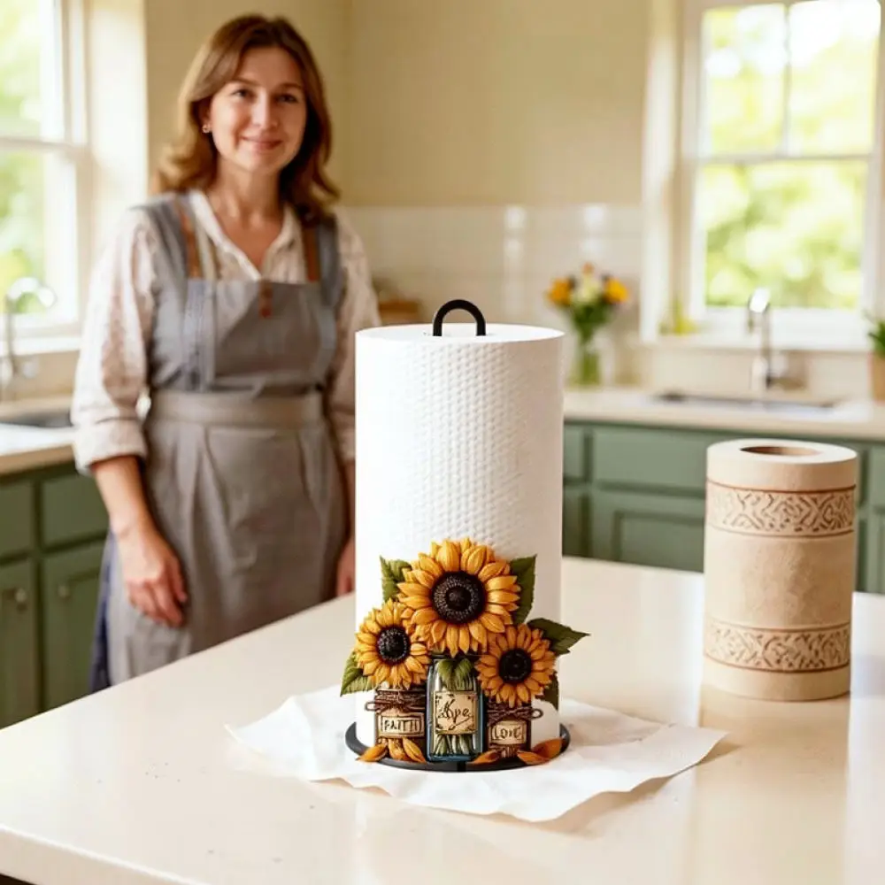 Upright Paper Towel Holder Retro Wood Napkin Rack Sunflower Print Home Kitchen Dining Table Organizer