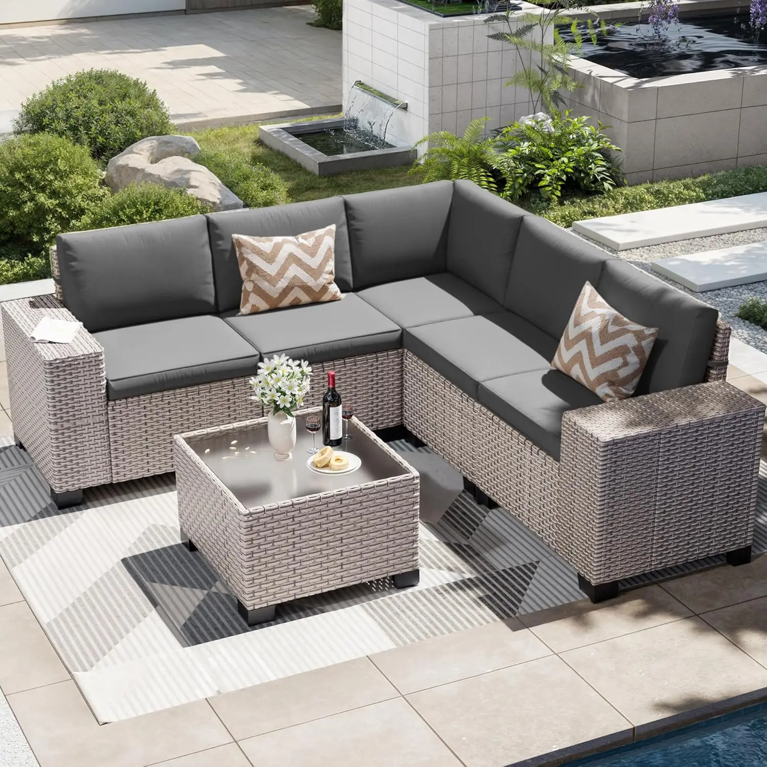 

Модульный секционный диван из ротанга для улицы, 6 предметов, с кофейным столиком из стекла, подушками, для патио, серый, на заказ