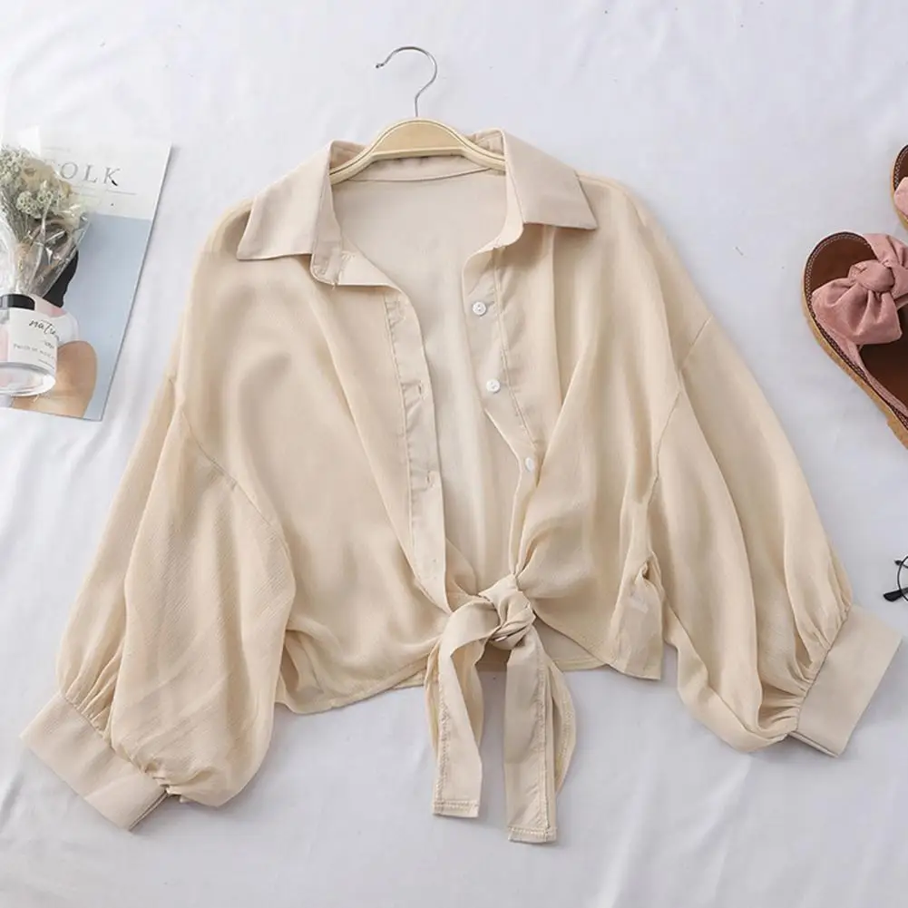 

Casual Loose Hollow White Clothes Elegant Solid Color Tied Waist Blouse Women Summer Bat Half Sleeve Button Chiffon Shirt