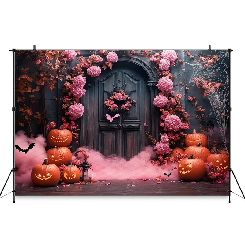Mocsicka Halloween Photography Background Wood Door Pink Flowers Rose Bat Spider Web Autumn Pumpkin Party Decors Photo Backdrops