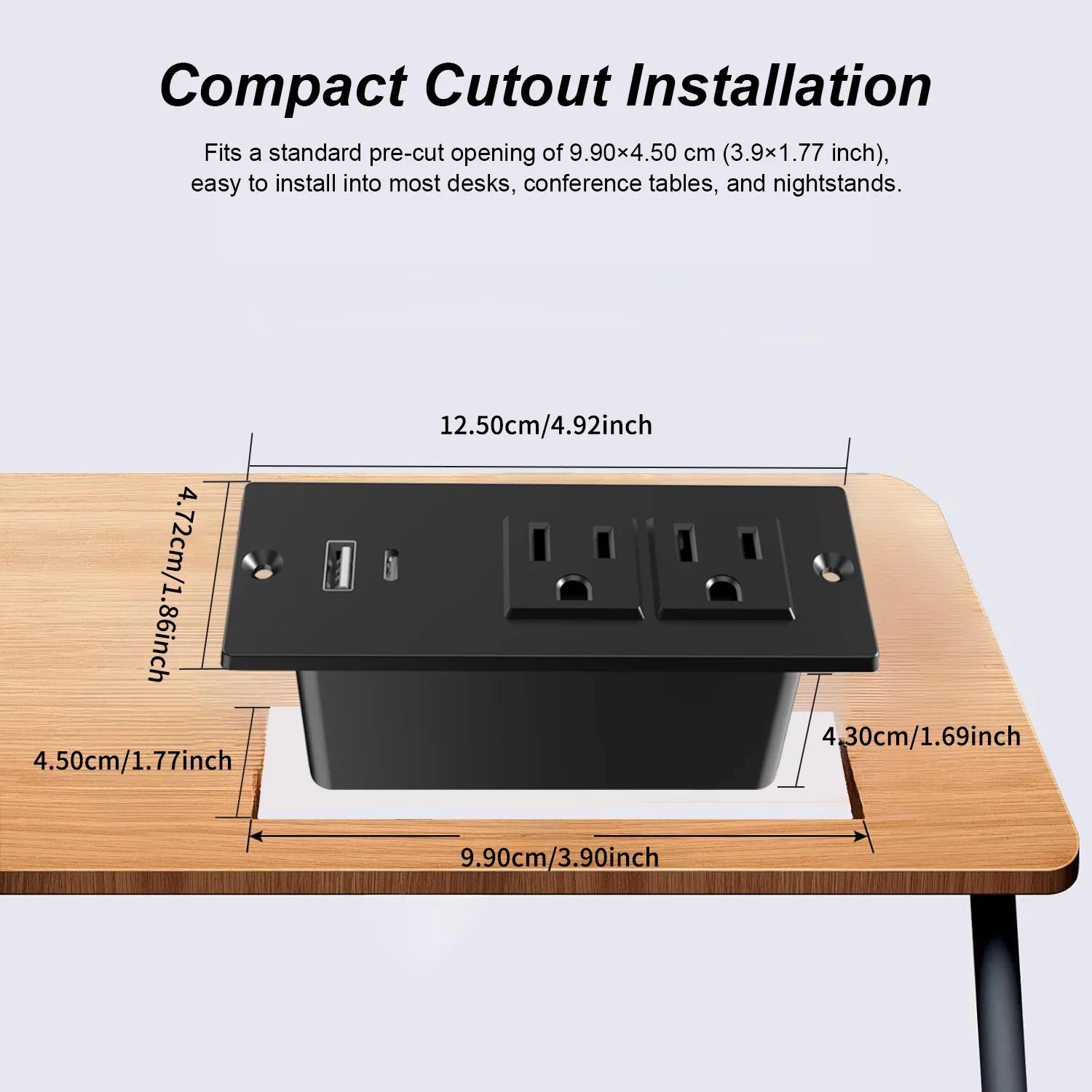 White Compact Recessed Power Strip with 1500W 12A 2 Outlets 2 USB Ports Hidden Charging Station for Furniture Conference Table