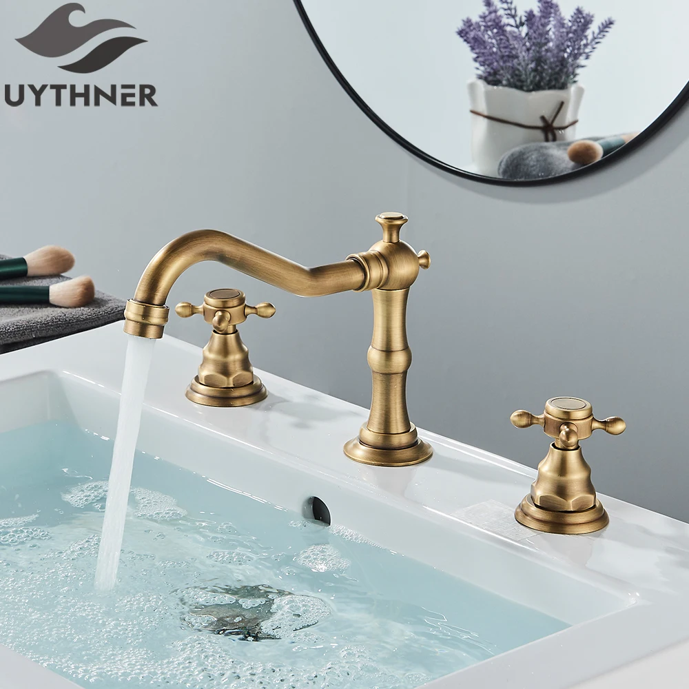 Uythner Schwarzer Waschbecken-Wasserhahn mit zwei Griffen, Badezimmer-Wannen-Wasserhahn, Deckmontage, Warm- und Kaltwassermischer, Waschbecken-Wasserhahn, weit verbreitet, 3 Löcher