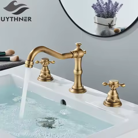 Uythner Black Basin Faucet Dual Handles Bathroom Tub Faucet Deck Mounted Hot and Cold Water Mixer Basin Tap Widespread 3 Holes