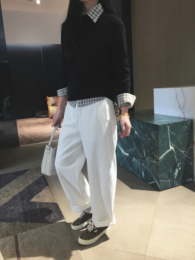 

Женские повседневные брюки Cuijia Early Spring: свободные, широкие, в полоску, с полуэластичным поясом, из хлопка, с высокой талией