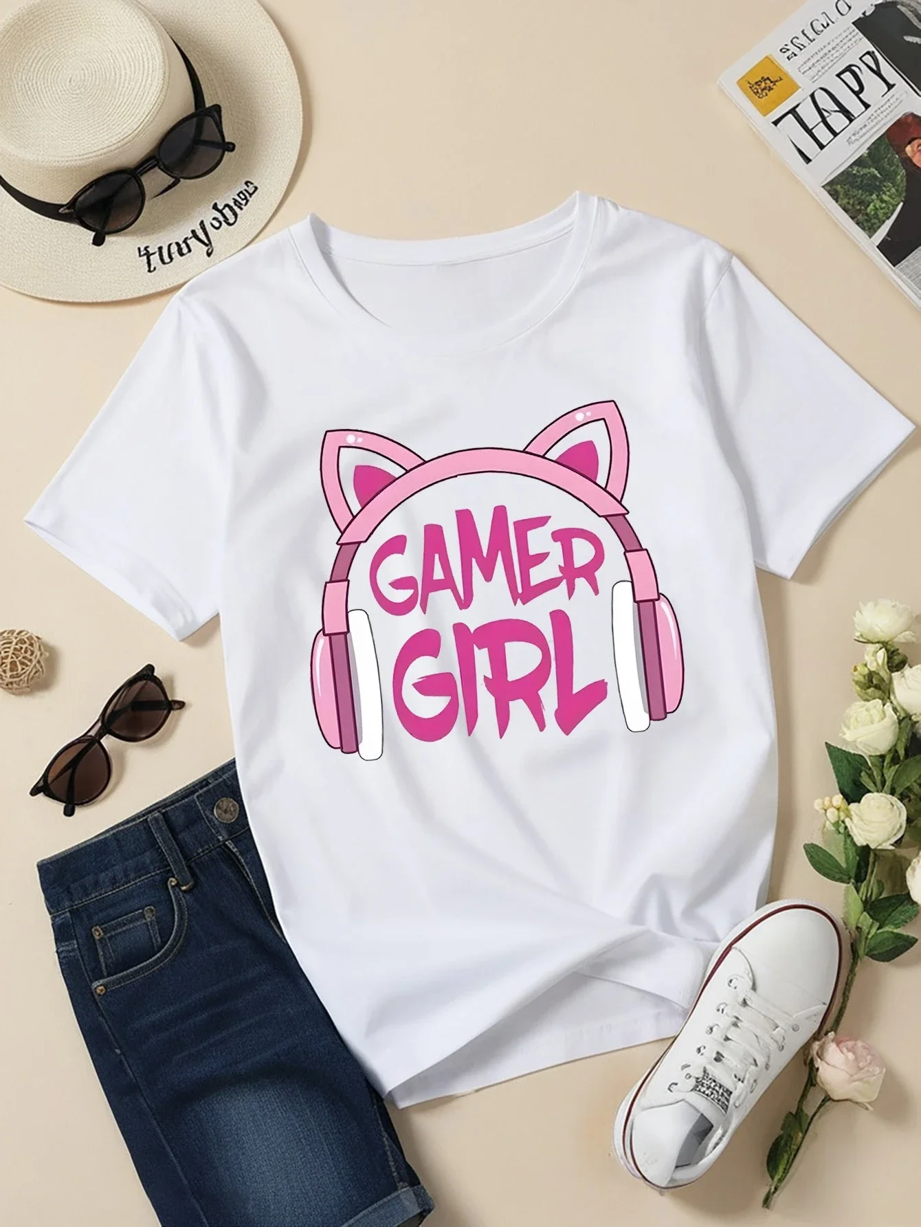 تي شيرت Gamer Girl Creative مطبوع برقبة دائرية وأكمام قصيرة للفتيات ملابس علوية صيفية كاجوال مطبوعة أنيقة للأطفال