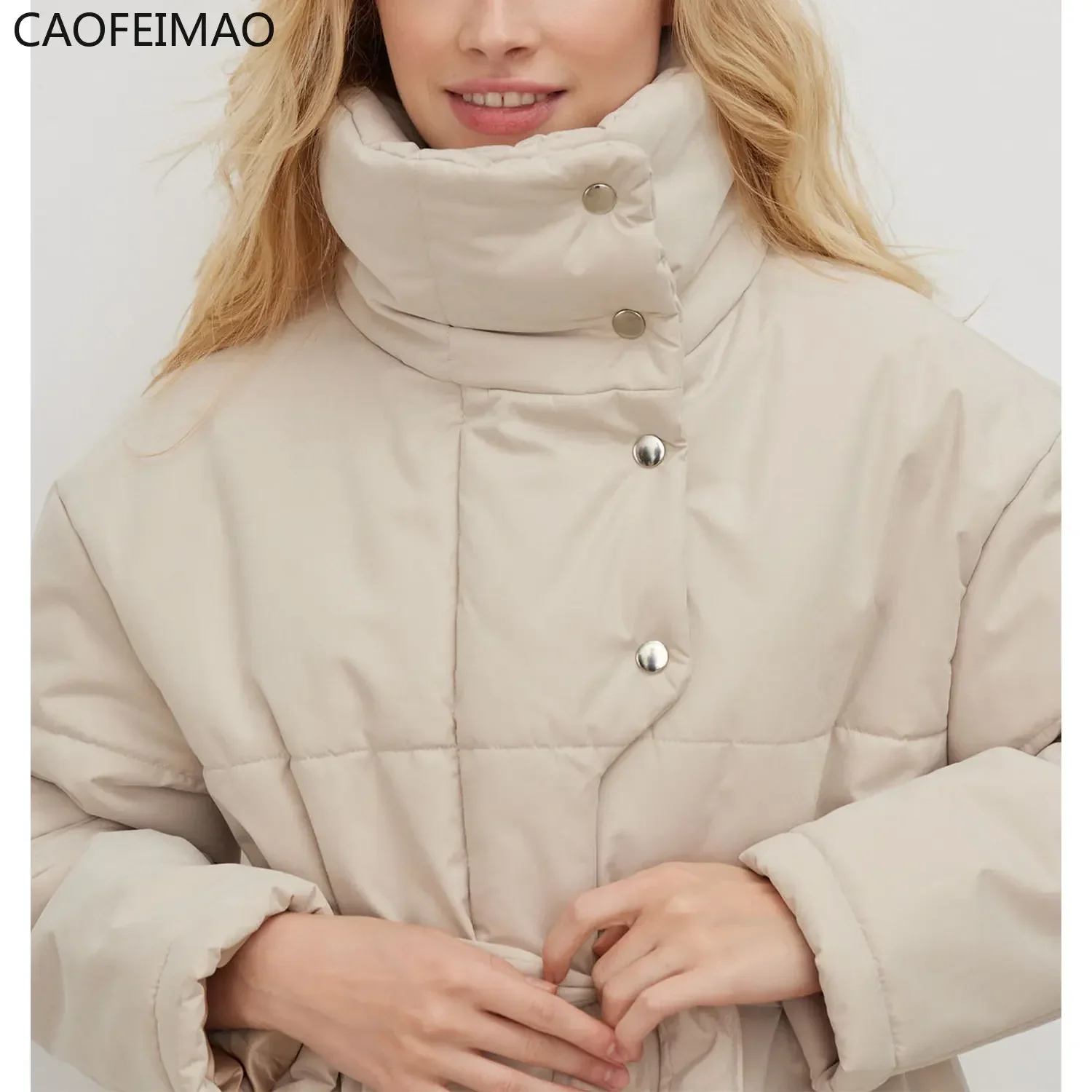 Quilted Jacket Women Winter Loose Parkas Coat Vintage Belted Outwear Office Ladies Warm Cotton Puffer Jackets