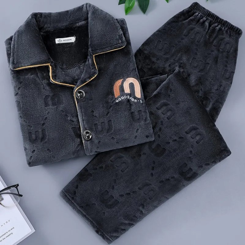 Men's Minimalist Thick Casual 2‑Piece Fleece Pajama Set for Autumn & Winter, Soft Warm Loungewear With Pockets, Cozy Home Outfit