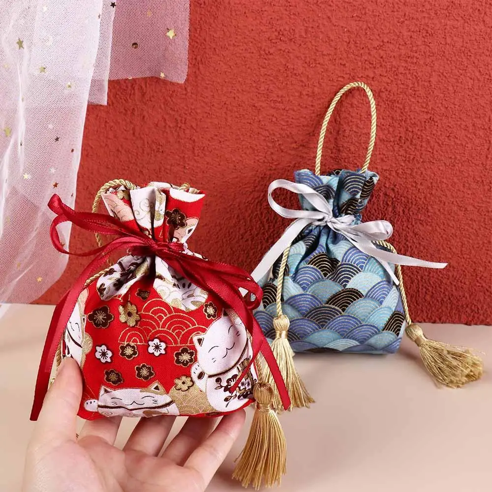 Sakura Floral Canvas Flower Drawstring Bag Stripe Lucky Cat Ribbon Bow Wrist Bag Large Capacity Satin Bow Bowknot Tassel Handbag