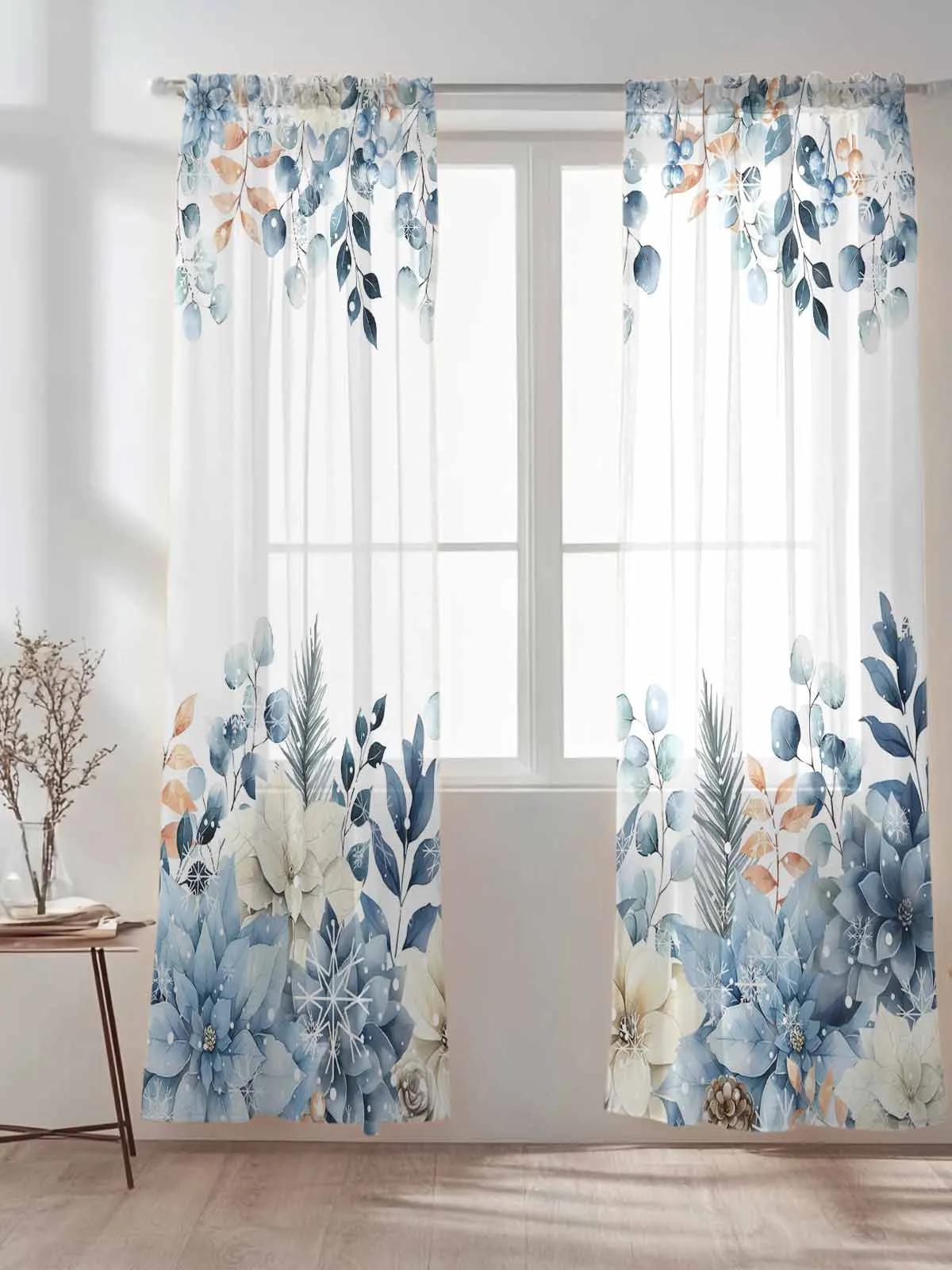 

Рождественские зимние тюлевые прозрачные шторы с листьями эвкалипта для гостиной, спальни, кухни, украшения, вуаль, шторы из органзы