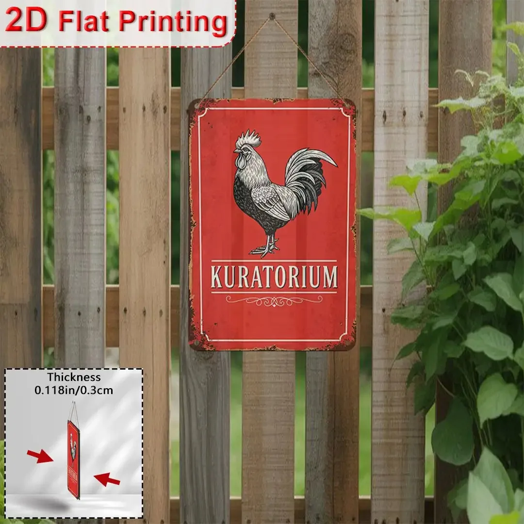 2D-Zeichnung, 1 kleines Retro-Hühnchen-Holzschild „KURATORIUM“, Bauernhaus-Wanddekoration, roter Hintergrund und Text auf Holzschild