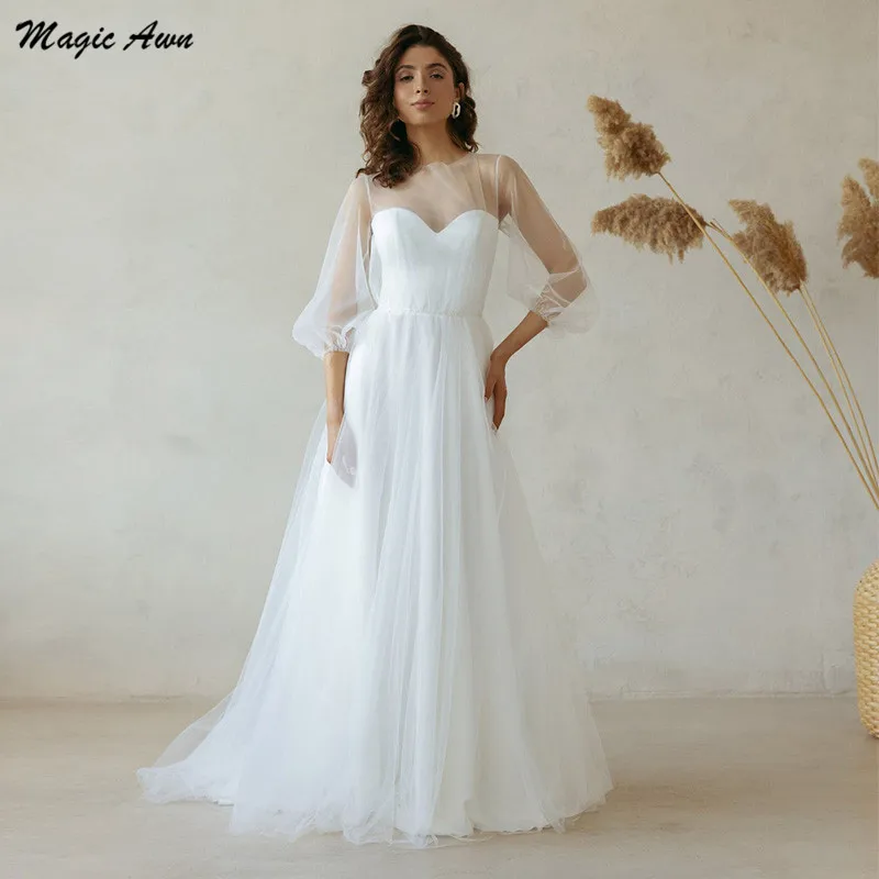 

Magic Awn 2023 Simple Wedding Dresses White Puffy Sleeves Illusion A-Line Soft Tulle Mariage Gowns Pearls Beaded Robes De Mariee