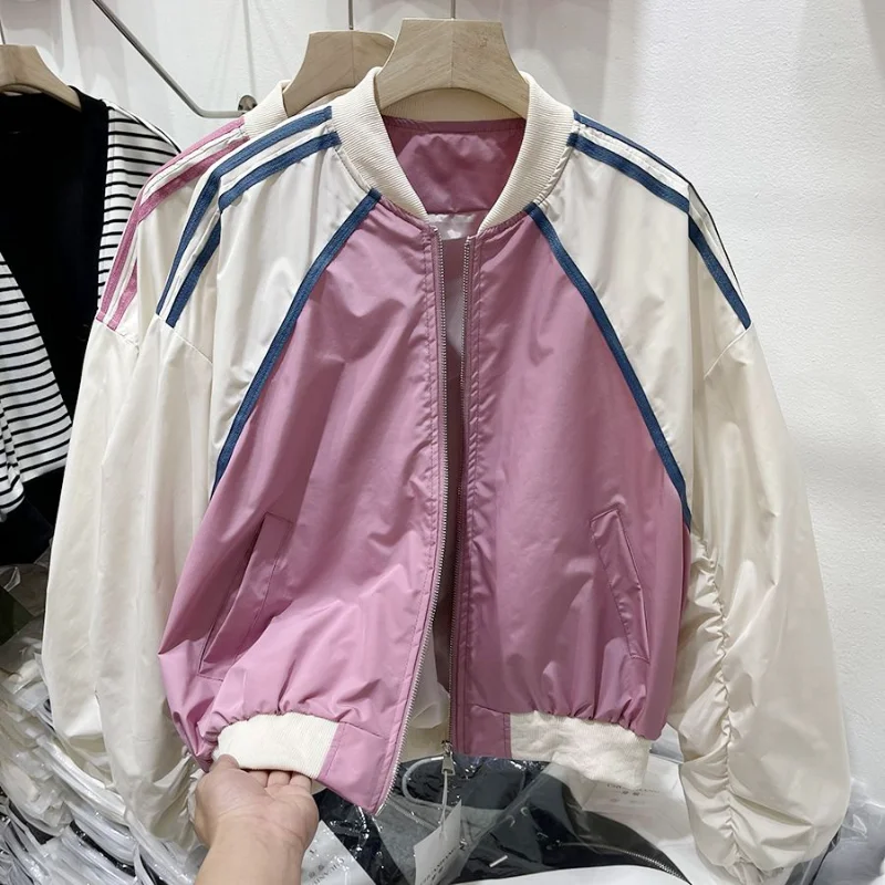 

New Color-blocking Stand Collar Casual Jacket for Women Short Small and Fashionable Baseball Uniform Top