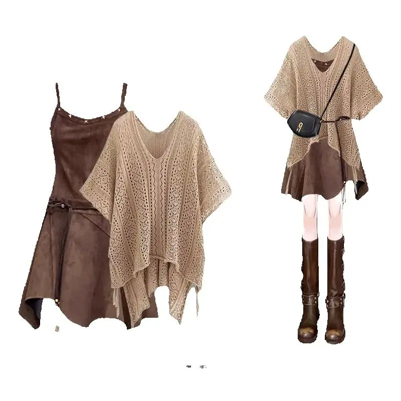 

Summer Long Sleeve Top Pullover+mini Dress 2 Pieces Sets Solid Vintage Suit Fashion Woman Outfits