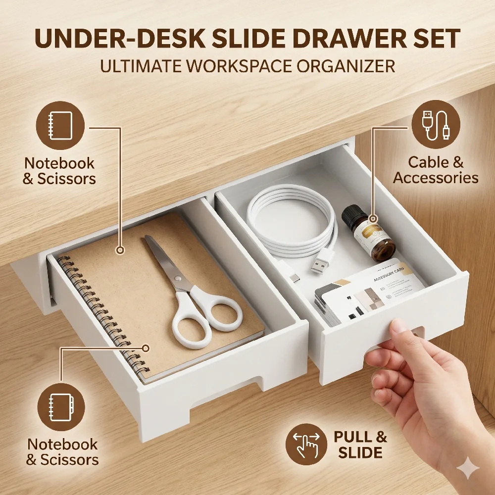 Self Adhesive Under Desk Drawer Organizer Hidden Storage Box Pull Out Pencil Tray Punch Free Holder Office Workspace Stationery