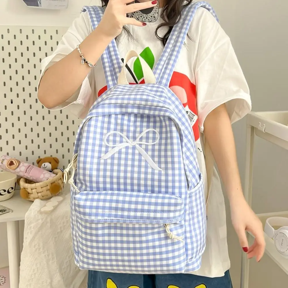 

Nylon Student School Bag Solid Color Large Capacity Casual Shoulder Backpack Lattice Bow Korean Style School Bag Storage Bag