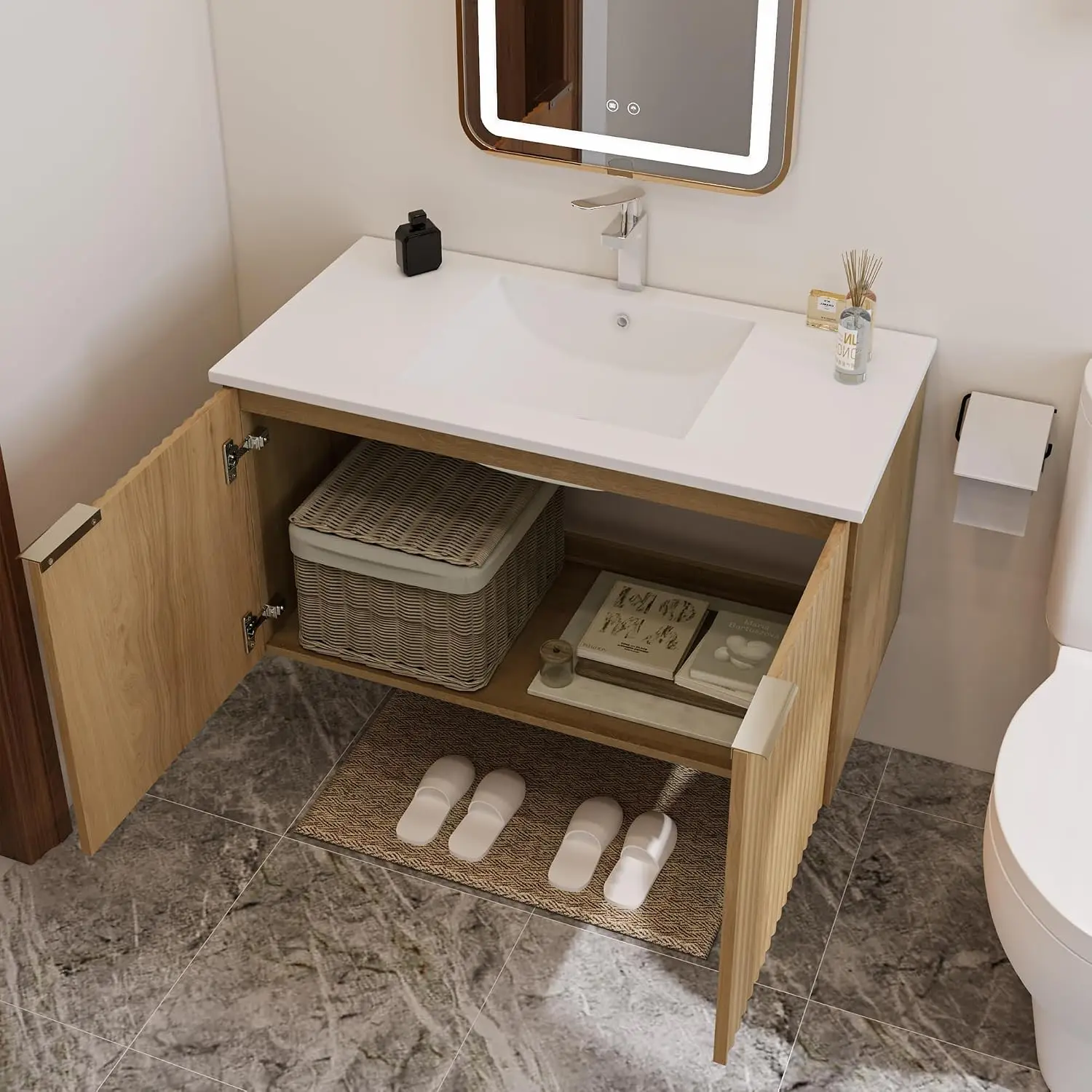 Modern Floating Bathroom Vanity With Wavy Textured Doors Wall Mounted Storage Cabinet Soft Close Hinges Ceramic Sink Basin Organizer For Home Restroom Nature view 4